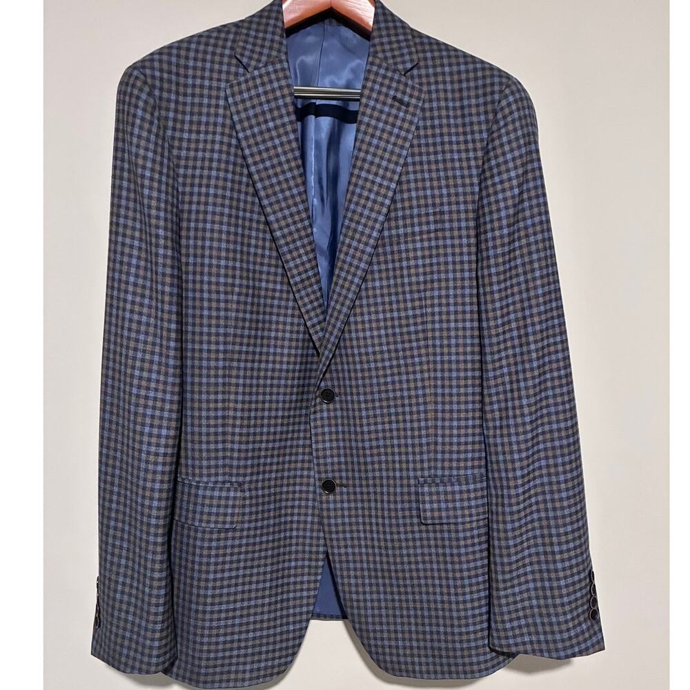 Hart Schaffner Marx Guabello Mens Wool Blazer Sport Coat 44L Checked Blue Brown